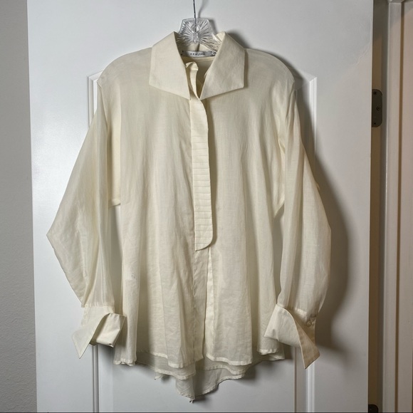 KM by Lange Cream Cotton Button Front Top Blouse - Picture 1 of 8